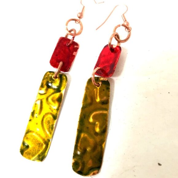 Green Red Pure Hand Painted Solid Copper Dangle Earrings Boho Christmas Gift - Picture 1 of 13